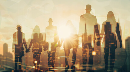 teamwork, double exposure silhouette team task force walking business people men women hands together and modern city background, unity, diversity