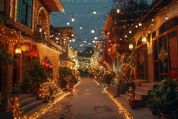 Fototapeta na wymiar Eid al-Fitr celebration, enchanting evening lights in a cozy alley with festive decorations