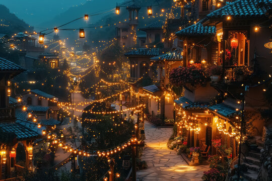 Eid al-Fitr celebration, enchanting night in a beautifully illuminated village with golden lights, cozy homes, and serene atmosphere