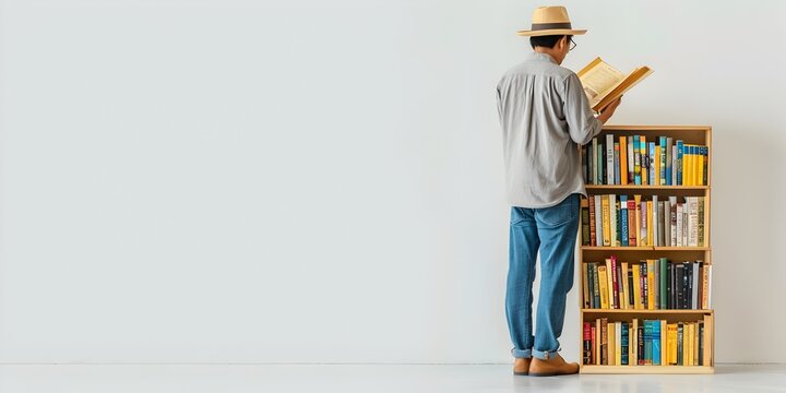 A Curious Collector of Stories Curator of Knowledge Browsing Books on a Magazine Rack in a Minimalist White Background Setting