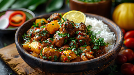 Jamaican Curry Goat on Decorated Table for HD Wallpaper with Cinematic Effect