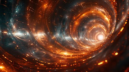 An abstract digital art piece visualizing a space-time warp as a spiraling vortex of geometric shapes and patterns, with a glowing central axis that represents a wormhole. - obrazy, fototapety, plakaty