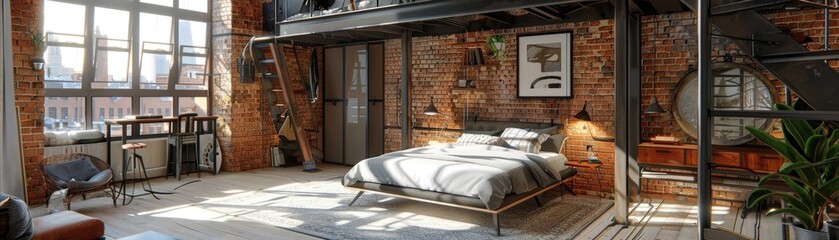 A chic urban loft bed with exposed brick walls and industrial-style metal frame