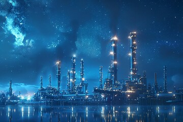 A futuristic oil refinery on a distant planet, pipelines and towers against a starry sky, scifi style