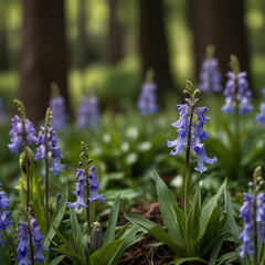 Natural Spring Bluebells Flowers With Dreamy Green Foliage Background