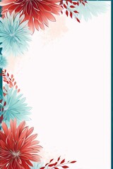 Obraz premium Delicate red and teal flowers frame a white background. 