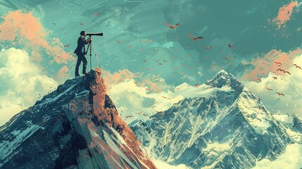 A metaphorical representation of leadership development, featuring a businessman growing wings as he ascends a mountain, looking towards the future with a telescope, in a magical realism illustration