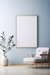 Empty frame, light blue wall, modern armchair, plant.
