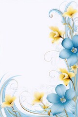 Delicate blue and yellow flowers, swirling patterns on a light background.
