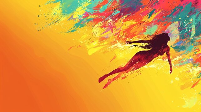 A vibrant, colorful illustration depicting a young woman swimming across a banner, space for text at the top