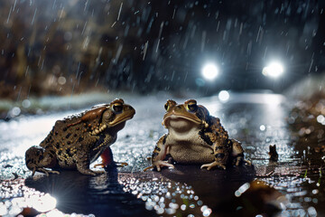 Two frogs meeting on a wet road illuminated by car headlights, creating a mystical atmosphere