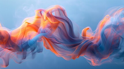 abstract art of smoke, striking orange intertwining with peaceful blue, wavelike form