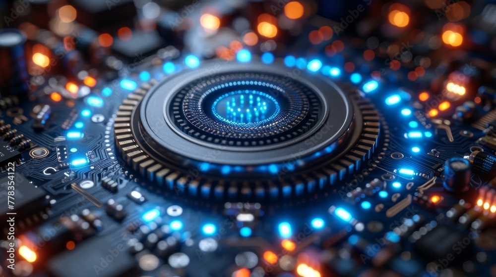 Poster crystal semiconductor chip manufacturing technology. robotic arm production of silicon processors on