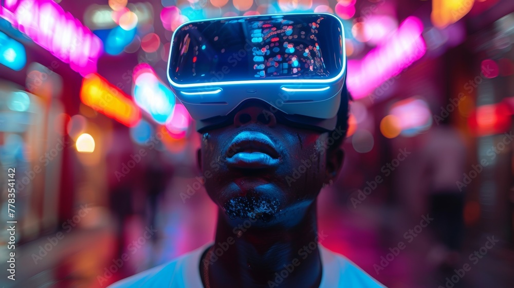 Poster a futuristic concept for vr and ar technology. a man wearing 3d virtual reality headset glasses look