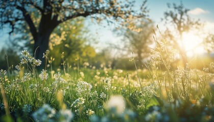 Obraz premium Beautiful blurred spring background nature with blooming glade, trees and blue sky on a sunny day.