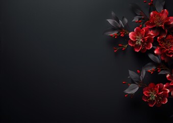 Elegant red flowers and dark leaves on black background, perfect for a minimalist, moody, and romantic design. 
