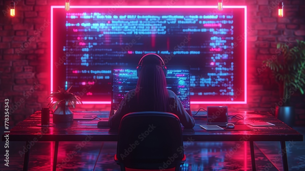 Aufkleber Digital Computer technology isometric background concept. Laptop hanging over table with program code on screen. Programming, coding, software testing concept.