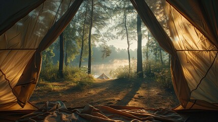 Serene Lakeside Camping View, camping scene with an open tent facing a lush forest.