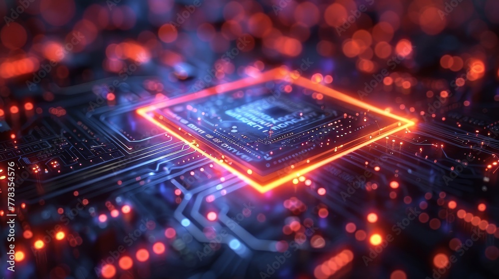 Poster The beam of digital signal passes through qubits in an optical core of a quantum computer. Tech background. Futuristic hardware technology of quantum computing.