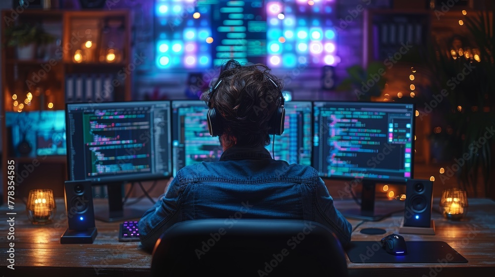 Aufkleber Code of program on desktop PC computer of programmer sitting on desk. Abstract icons, diagrams, graphs on programming interface of software development environment. Concept of software technology.
