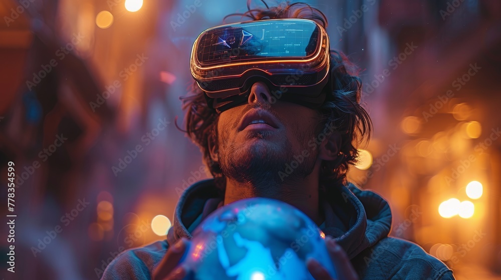 Poster virtual reality digital technology concept. man wearing 3d vr headset glasses looks up at digital wo