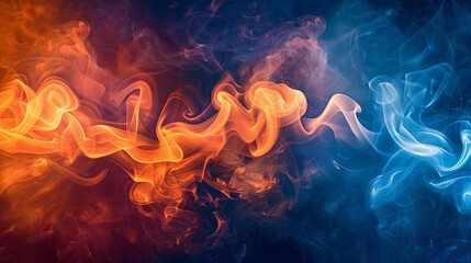 abstract swirling smoke in vibrant orange and deep blue, intermingling elegantly