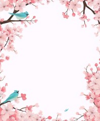 Fototapeta premium Pink cherry blossoms frame a white background, with two blue birds. 