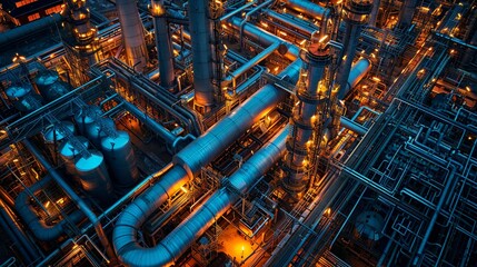 Aerial view of a sprawling gas processing facility at sunset, intricate pipelines glowing with the days last light - obrazy, fototapety, plakaty
