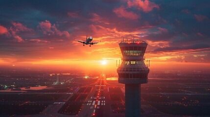 Air traffic control tower overseeing an airplanes sunset landing, radiating sky in the backdrop - obrazy, fototapety, plakaty