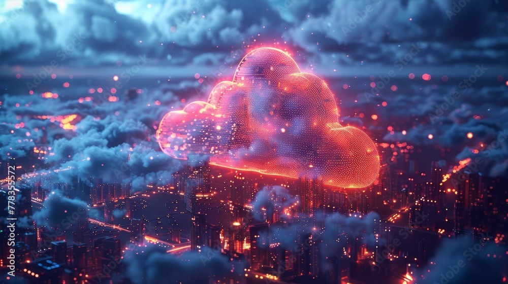 Poster Concept of cloud computing for smart cities. Smart cities wireless internet communication with cloud storage. Download and upload data on a server. Virtual smart city over IoT cloud.