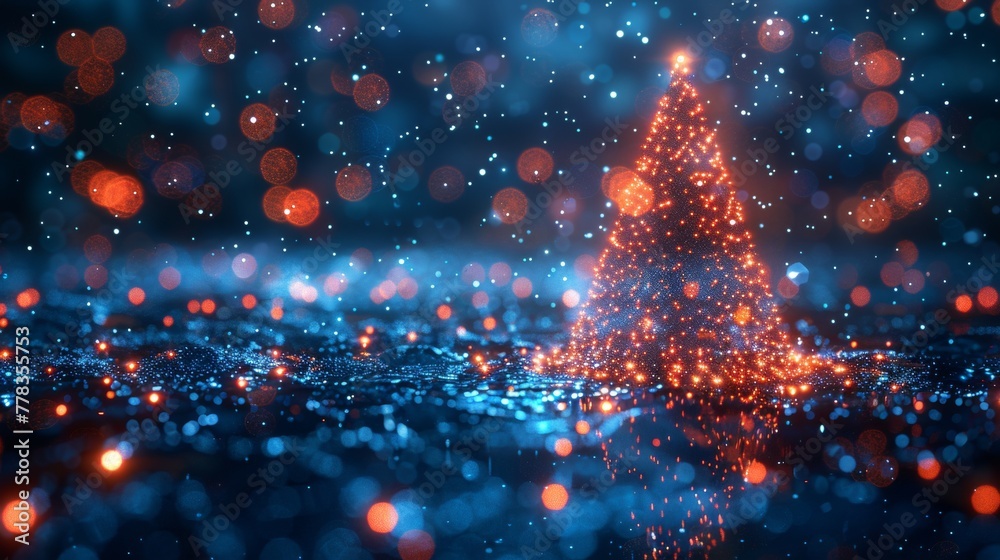 Poster New Year card or digital calendar poster. 2023 logo hanging over reflective polished surface. Christmas tree with glowing pixels in technology style.