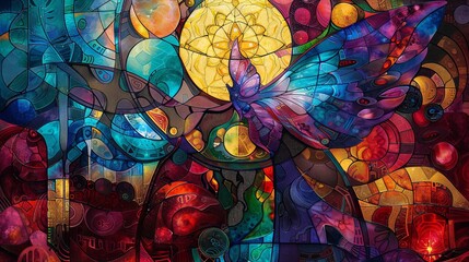 Colorful abstract design mimicking stained glass with intricate swirl patterns and light play.