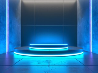 Beautiful modern futuristic podium with neon blue lighting for product presentation, close shot