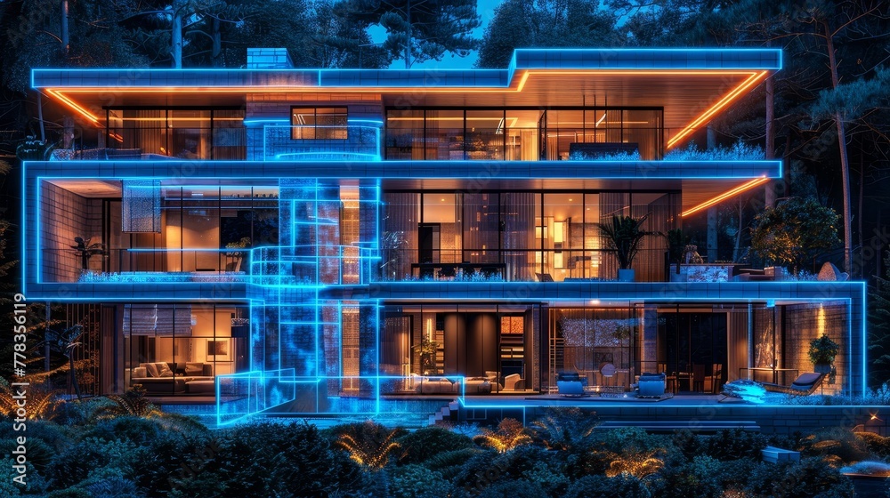 Poster Building design concept. Design of autonomous system in smart building. Communication drafting for house. Design of apartment house. Architectural drawing, facade blueprint.