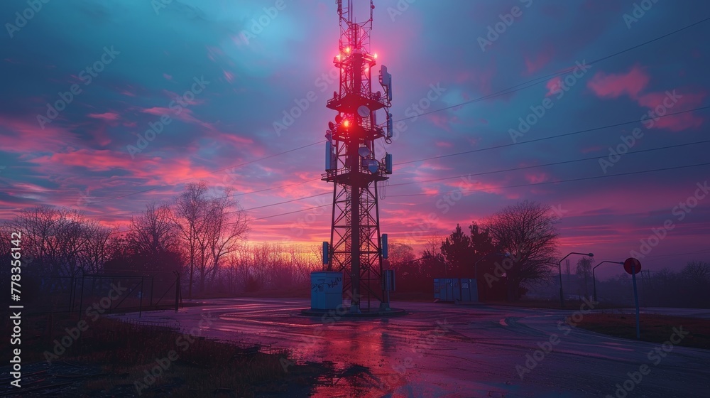 Poster wireless internet network technology. antenna on a clear evening sky background. this is a shot of a