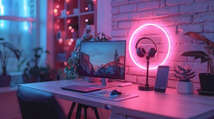 In this room of white colors, you can see a desk with a laptop, microphone, phone, an led ring lamp on a tripod, neon lights, and a streamer table with a laptop, a microphone, and a phone. This room - obrazy, fototapety, plakaty