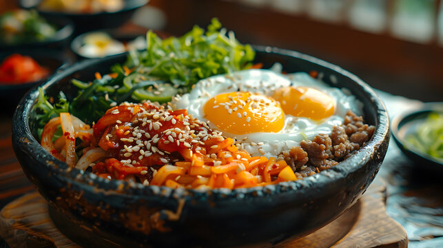 Korean Bibimbap on Decorated Table for HD Wallpaper with Cinematic Effect