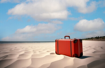 Red retro suitcase abandoned on a sunny deserted sandy beach - 778356302