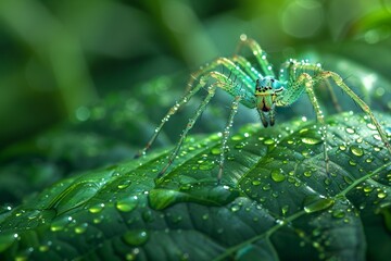 Closeup of a content spider on a lush leaf, with emphasis on the intricate patterns of the spider and leaf against a dense green backdrop