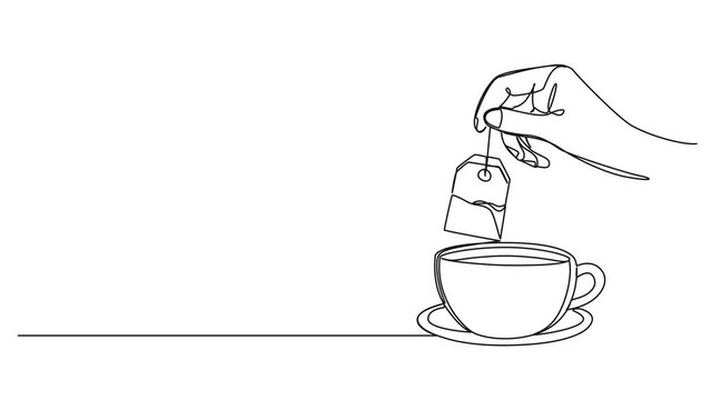 animated continuous single line drawing of hand holding tea bag above cup of tea, line art animation
