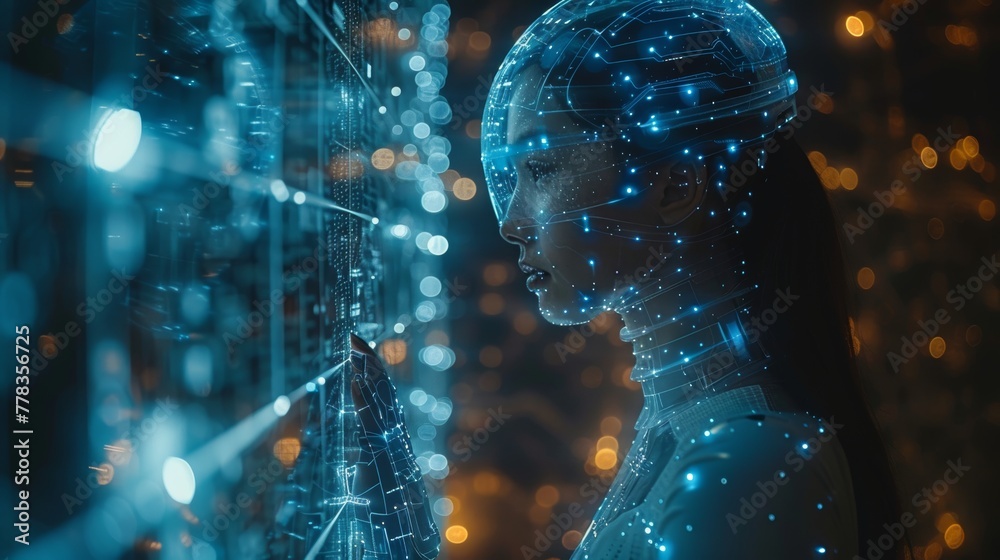 Poster communications with smart city infrastructure via ai in phones. robot cyborg woman with artificial i