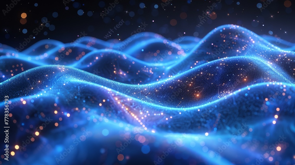 Aufkleber The isometric grid represents a 3D grid surface of data made up of glowing dots, particles, and graphs. The wave grid is an abstract diagram of the flow of digital information in a wavy wire design.