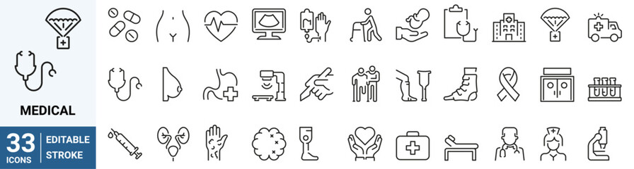 Healthcare and medicine line web icons. Hospital services. Dermatology, gynecology, oncology, dentistry. Collection of Outline Icons. Vector illustration.