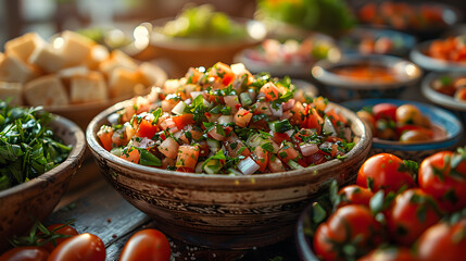 Lebanese Tabbouleh on Decorated Table for HD Wallpaper with Cinematic Effect - obrazy, fototapety, plakaty