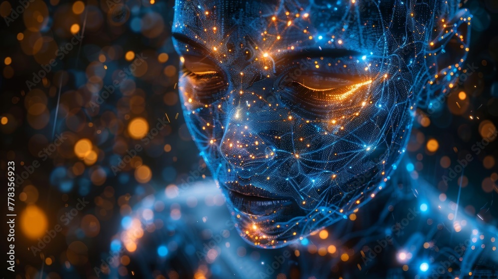 Poster Digital AI in image robot with artificial intelligence. Developer create cybernetic brain. 3D rendering of digital AI in image robot.