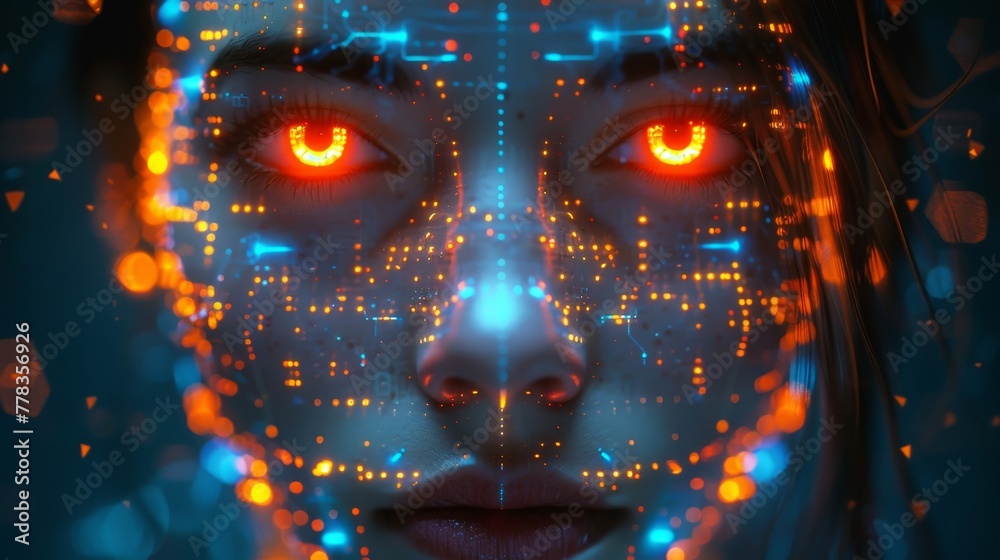 Poster A robot head hovering over a podium in virtual cyberspace with a humanoid face, featuring an electronic brain or a mind. Neural network. Supercomputer. 3D rendering.