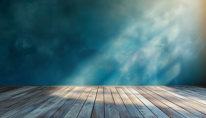 Beautiful versatile backdrop for design and product presentation with blue wall, light reflections and wooden floor. 