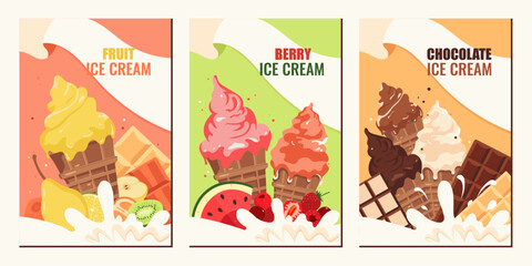 Set of postcards, brochures. Fruit, berry, chocolate ice cream. Business