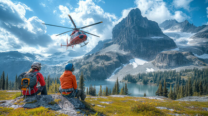 Medical Evacuation: A helicopter hovers above a remote wilderness area, preparing to airlift an injured hiker to safety. Against the backdrop of rugged terrain, paramedics stabiliz - obrazy, fototapety, plakaty