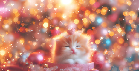 Lovely cute kitten with Christmas background pastel colour & Christmas decorate light bokeh